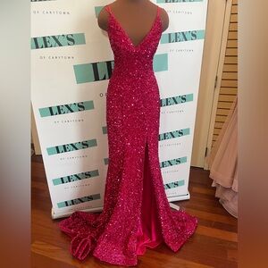 Jovani V neck sequin gown with lace up back